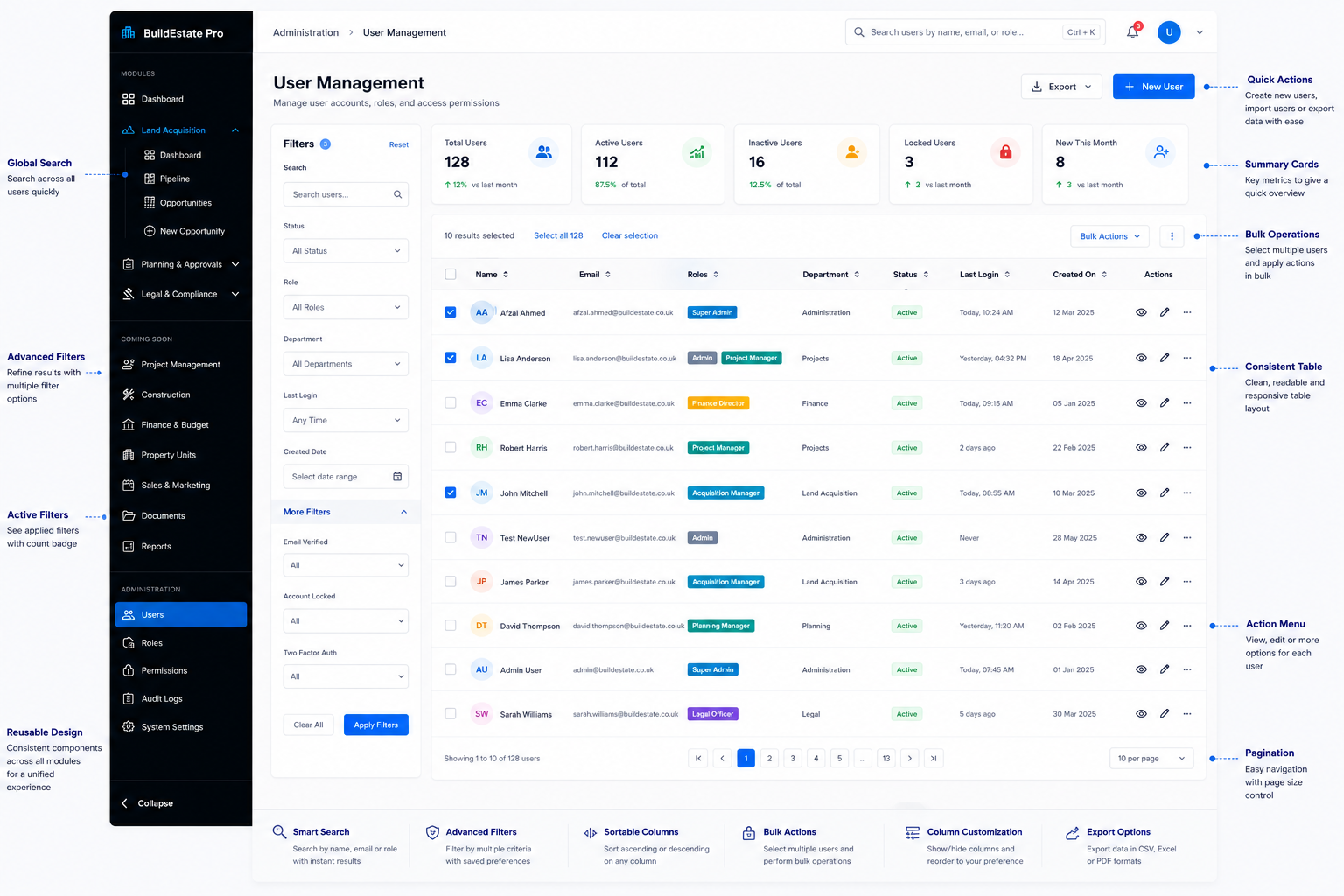 BuildEstate Pro — User management design concept showing the full admin interface layout